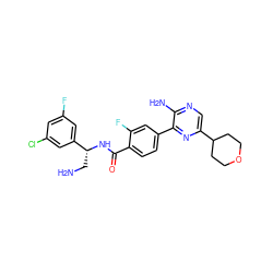 NC[C@@H](NC(=O)c1ccc(-c2nc(C3CCOCC3)cnc2N)cc1F)c1cc(F)cc(Cl)c1 ZINC001772576181