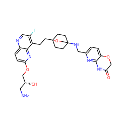 NC[C@@H](O)COc1ccc2ncc(F)c(CCC34CCC(NCc5ccc6c(n5)NC(=O)CO6)(CC3)CO4)c2n1 ZINC000149204364