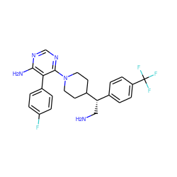 NC[C@@H](c1ccc(C(F)(F)F)cc1)C1CCN(c2ncnc(N)c2-c2ccc(F)cc2)CC1 ZINC000217945757