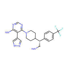 NC[C@@H](c1ccc(C(F)(F)F)cc1)C1CCN(c2ncnc(N)c2-c2cn[nH]c2)CC1 ZINC000206939907