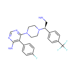 NC[C@@H](c1ccc(C(F)(F)F)cc1)N1CCN(c2ncnc(N)c2-c2ccc(F)cc2)CC1 ZINC000217945839