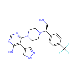 NC[C@@H](c1ccc(C(F)(F)F)cc1)N1CCN(c2ncnc(N)c2-c2cn[nH]c2)CC1 ZINC000217943628