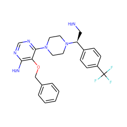 NC[C@@H](c1ccc(C(F)(F)F)cc1)N1CCN(c2ncnc(N)c2OCc2ccccc2)CC1 ZINC000218681527