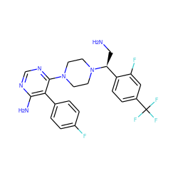 NC[C@@H](c1ccc(C(F)(F)F)cc1F)N1CCN(c2ncnc(N)c2-c2ccc(F)cc2)CC1 ZINC000219041177