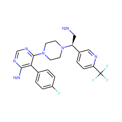 NC[C@@H](c1ccc(C(F)(F)F)nc1)N1CCN(c2ncnc(N)c2-c2ccc(F)cc2)CC1 ZINC000206939648