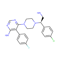 NC[C@@H](c1ccc(Cl)cc1)N1CCN(c2ncnc(N)c2-c2ccc(F)cc2)CC1 ZINC000219309623