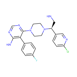 NC[C@@H](c1ccc(Cl)nc1)N1CCN(c2ncnc(N)c2-c2ccc(F)cc2)CC1 ZINC000206941138