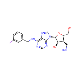 NC[C@@H]1[C@@H](CO)O[C@@H](n2cnc3c(NCc4cccc(I)c4)ncnc32)[C@@H]1O ZINC000013528567