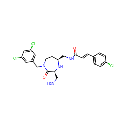 NC[C@@H]1N[C@H](CNC(=O)/C=C/c2ccc(Cl)cc2)CCN(Cc2cc(Cl)cc(Cl)c2)C1=O ZINC000118680091