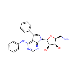 NC[C@@H]1O[C@@H](n2cc(-c3ccccc3)c3c(Nc4ccccc4)ncnc32)[C@H](O)[C@@H]1O ZINC000013528455