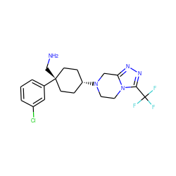 NC[C@]1(c2cccc(Cl)c2)CC[C@@H](N2CCn3c(nnc3C(F)(F)F)C2)CC1 ZINC000168912405