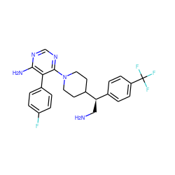 NC[C@H](c1ccc(C(F)(F)F)cc1)C1CCN(c2ncnc(N)c2-c2ccc(F)cc2)CC1 ZINC000206943362