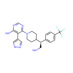 NC[C@H](c1ccc(C(F)(F)F)cc1)C1CCN(c2ncnc(N)c2-c2cn[nH]c2)CC1 ZINC000206939865