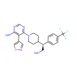 NC[C@H](c1ccc(C(F)(F)F)cc1)C1CCN(c2ncnc(N)c2-c2cnoc2)CC1 ZINC000218681830