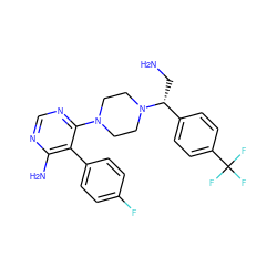 NC[C@H](c1ccc(C(F)(F)F)cc1)N1CCN(c2ncnc(N)c2-c2ccc(F)cc2)CC1 ZINC000206943423