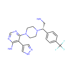 NC[C@H](c1ccc(C(F)(F)F)cc1)N1CCN(c2ncnc(N)c2-c2cn[nH]c2)CC1 ZINC000206941961