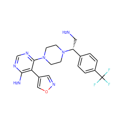 NC[C@H](c1ccc(C(F)(F)F)cc1)N1CCN(c2ncnc(N)c2-c2cnoc2)CC1 ZINC000218694317