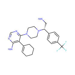 NC[C@H](c1ccc(C(F)(F)F)cc1)N1CCN(c2ncnc(N)c2C2=CCCCC2)CC1 ZINC000218692832