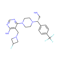 NC[C@H](c1ccc(C(F)(F)F)cc1)N1CCN(c2ncnc(N)c2CN2CC(F)C2)CC1 ZINC000218686180