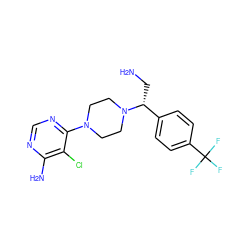 NC[C@H](c1ccc(C(F)(F)F)cc1)N1CCN(c2ncnc(N)c2Cl)CC1 ZINC000206941194