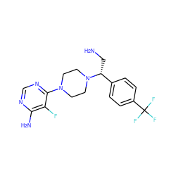 NC[C@H](c1ccc(C(F)(F)F)cc1)N1CCN(c2ncnc(N)c2F)CC1 ZINC000219038835