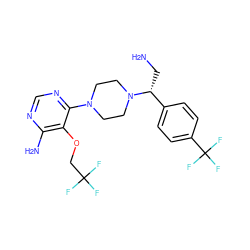 NC[C@H](c1ccc(C(F)(F)F)cc1)N1CCN(c2ncnc(N)c2OCC(F)(F)F)CC1 ZINC000218687404