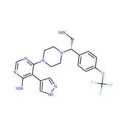 NC[C@H](c1ccc(OC(F)(F)F)cc1)N1CCN(c2ncnc(N)c2-c2cn[nH]c2)CC1 ZINC000206937790