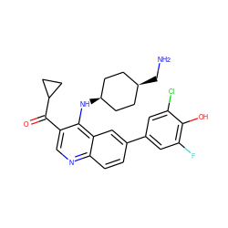 NC[C@H]1CC[C@@H](Nc2c(C(=O)C3CC3)cnc3ccc(-c4cc(F)c(O)c(Cl)c4)cc23)CC1 ZINC000473215476