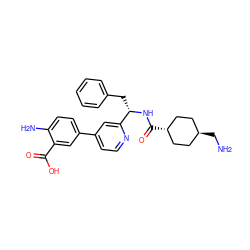 NC[C@H]1CC[C@H](C(=O)N[C@@H](Cc2ccccc2)c2cc(-c3ccc(N)c(C(=O)O)c3)ccn2)CC1 ZINC000653727931