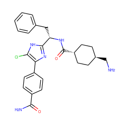 NC[C@H]1CC[C@H](C(=O)N[C@@H](Cc2ccccc2)c2nc(-c3ccc(C(N)=O)cc3)c(Cl)[nH]2)CC1 ZINC000299840998