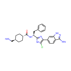 NC[C@H]1CC[C@H](C(=O)N[C@@H](Cc2ccccc2)c2nc(-c3ccc4c(N)n[nH]c4c3)c(Cl)[nH]2)CC1 ZINC000299830568