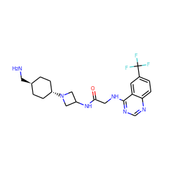 NC[C@H]1CC[C@H](N2CC(NC(=O)CNc3ncnc4ccc(C(F)(F)F)cc34)C2)CC1 ZINC000149177694