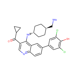 NC[C@H]1CC[C@H](Nc2c(C(=O)C3CC3)cnc3ccc(-c4cc(Cl)c(O)c(Cl)c4)cc23)CC1 ZINC000473215464