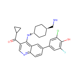 NC[C@H]1CC[C@H](Nc2c(C(=O)C3CC3)cnc3ccc(-c4cc(F)c(O)c(Cl)c4)cc23)CC1 ZINC000473215475