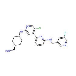 NC[C@H]1CC[C@H](Nc2cc(-c3cccc(NCc4cncc(F)c4)n3)c(Cl)cn2)CC1 ZINC000261085311