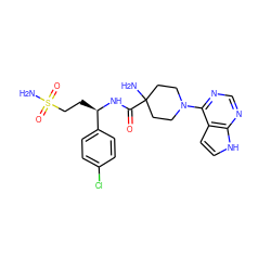 NC1(C(=O)N[C@H](CCS(N)(=O)=O)c2ccc(Cl)cc2)CCN(c2ncnc3[nH]ccc23)CC1 ZINC000095585004