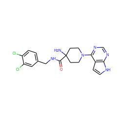 NC1(C(=O)NCc2ccc(Cl)c(Cl)c2)CCN(c2ncnc3[nH]ccc23)CC1 ZINC000084405623