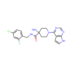 NC1(C(=O)NCc2ccc(Cl)cc2F)CCN(c2ncnc3[nH]ccc23)CC1 ZINC000045367117