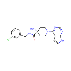 NC1(C(=O)NCc2cccc(Cl)c2)CCN(c2ncnc3[nH]ccc23)CC1 ZINC000045388703