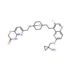 NC1(COc2ccc3ncc(F)c(CCC45CCC(NCc6ccc7c(n6)NC(=O)CO7)(CC4)CO5)c3n2)CC1 ZINC000149155375