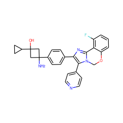 NC1(c2ccc(-c3nc4n(c3-c3ccncc3)COc3cccc(F)c3-4)cc2)CC(O)(C2CC2)C1 ZINC000169703858