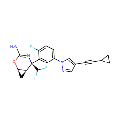 NC1=N[C@@](c2cc(-n3cc(C#CC4CC4)cn3)ccc2F)(C(F)F)[C@H]2C[C@H]2O1 ZINC000220657413