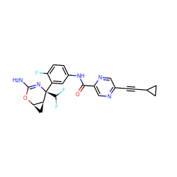 NC1=N[C@@](c2cc(NC(=O)c3cnc(C#CC4CC4)cn3)ccc2F)(C(F)F)[C@H]2C[C@H]2O1 ZINC000226076898