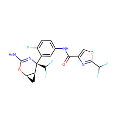 NC1=N[C@@](c2cc(NC(=O)c3coc(C(F)F)n3)ccc2F)(C(F)F)[C@H]2C[C@H]2O1 ZINC000220650499