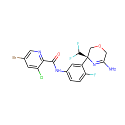 NC1=N[C@@](c2cc(NC(=O)c3ncc(Br)cc3Cl)ccc2F)(C(F)F)COC1 ZINC000113658004