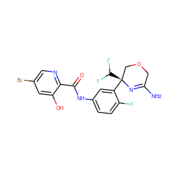 NC1=N[C@@](c2cc(NC(=O)c3ncc(Br)cc3O)ccc2F)(C(F)F)COC1 ZINC000113657180