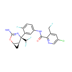 NC1=N[C@@](c2cc(NC(=O)c3ncc(Cl)cc3CF)ccc2F)(C(F)F)[C@H]2C[C@H]2O1 ZINC000226072782