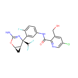 NC1=N[C@@](c2cc(NC(=O)c3ncc(Cl)cc3CO)ccc2F)(C(F)F)[C@H]2C[C@H]2O1 ZINC000226082958