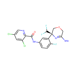 NC1=N[C@@](c2cc(NC(=O)c3ncc(Cl)cc3Cl)ccc2F)(C(F)F)COC1 ZINC000113656422