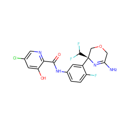 NC1=N[C@@](c2cc(NC(=O)c3ncc(Cl)cc3O)ccc2F)(C(F)F)COC1 ZINC000113657488